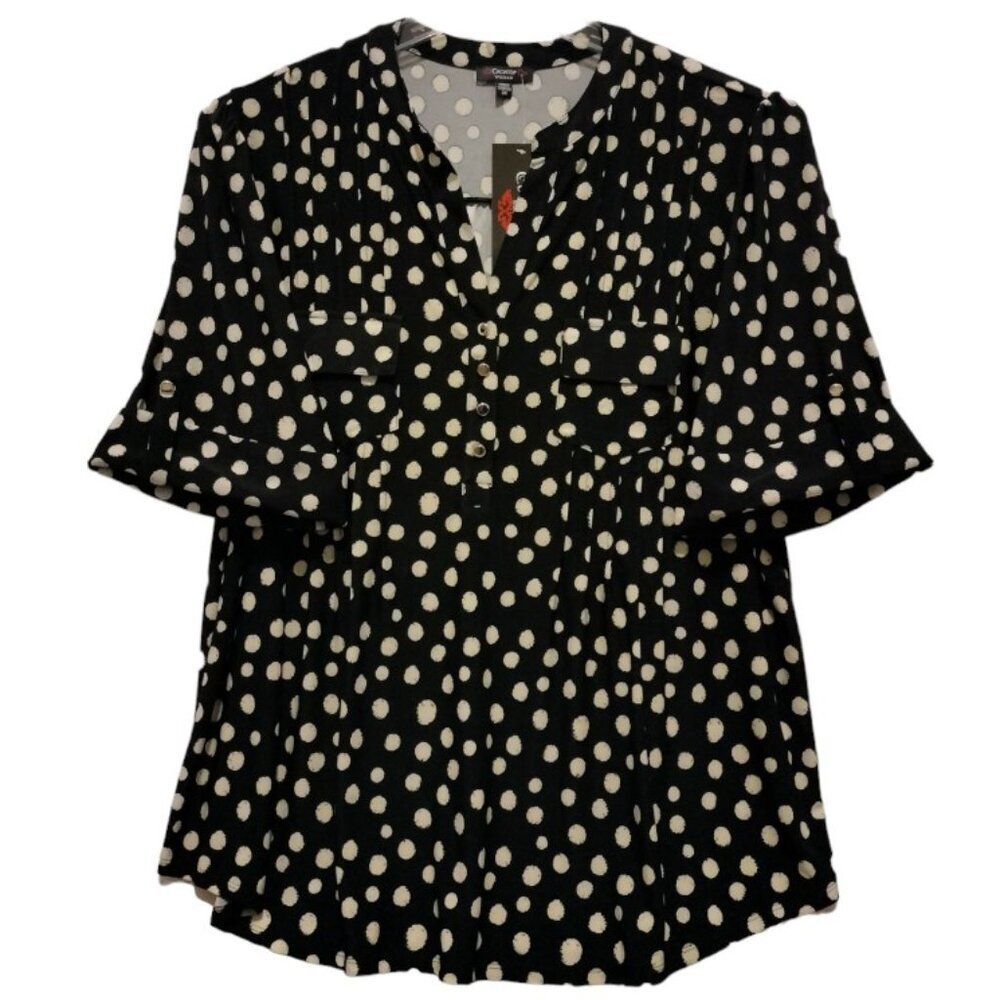 NWT Cocomo Plus Size 3X Black & Beige Polka Dot Print Pintuck 3/4 Sleeve Top